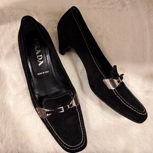 Prada Women's Black Suede Heels with Silver Accents